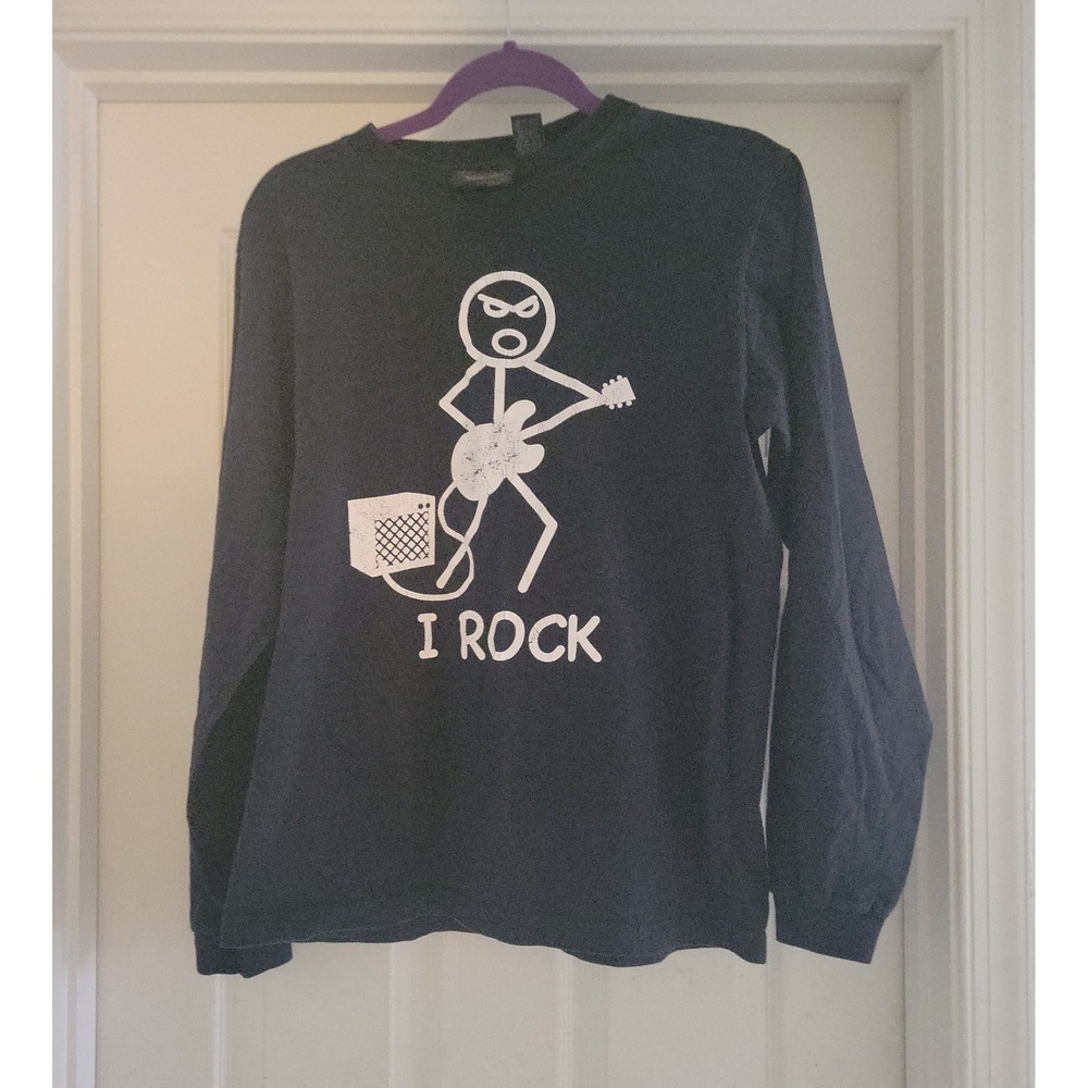 Urban Pipeline Mens XL Long Sleeve I Rock Stick Figure Guitar Graphic Tee Black